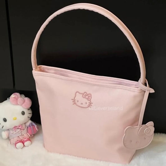 Cute Cartoon Cat KTY Pink Waterproof Nylon Handmade Bucket Bag with Charm Pendant