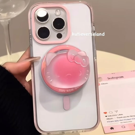 Cute Basic Candy Color Frame Clear MagSafe iPhone Case with Jelly-mimic Cartoon Cat KTY MagSafe Stand Holder