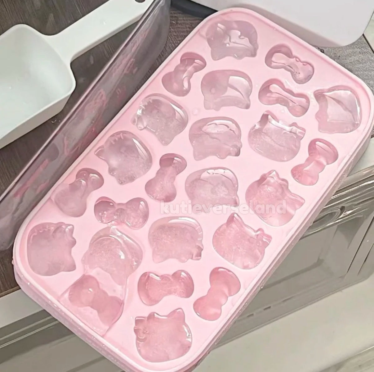 Bandeja para cubitos de hielo casera con tapa y diseño de gato rosa de dibujos animados