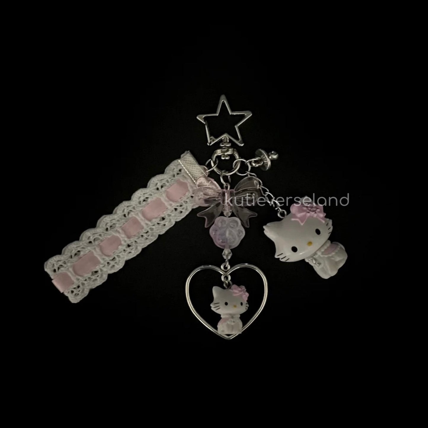 Cute Cartoon Coquette Lace Heart Bow Ribbon Cat KTY Handmade Keychain