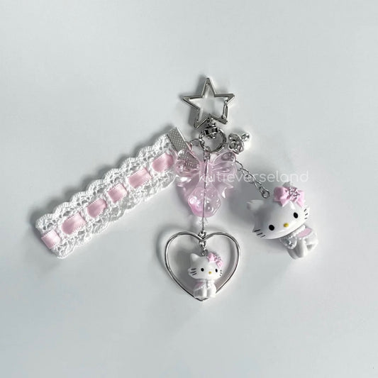 Cute Cartoon Coquette Lace Heart Bow Ribbon Cat KTY Handmade Keychain