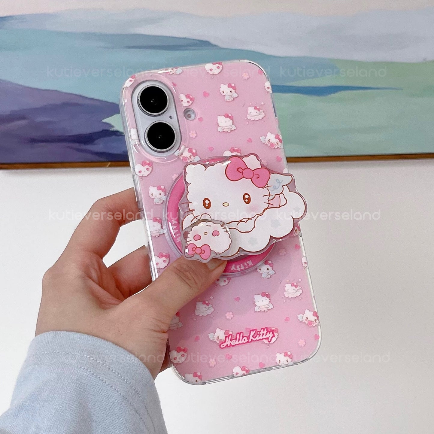 Cute Cartoon Angel Cat KTY Hearts Floral MagSafe iPhone Case with Spinning KTY MagSafe Stand Holder