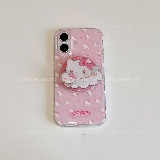 Cute Cartoon Angel Cat KTY Hearts Floral MagSafe iPhone Case with Spinning KTY MagSafe Stand Holder