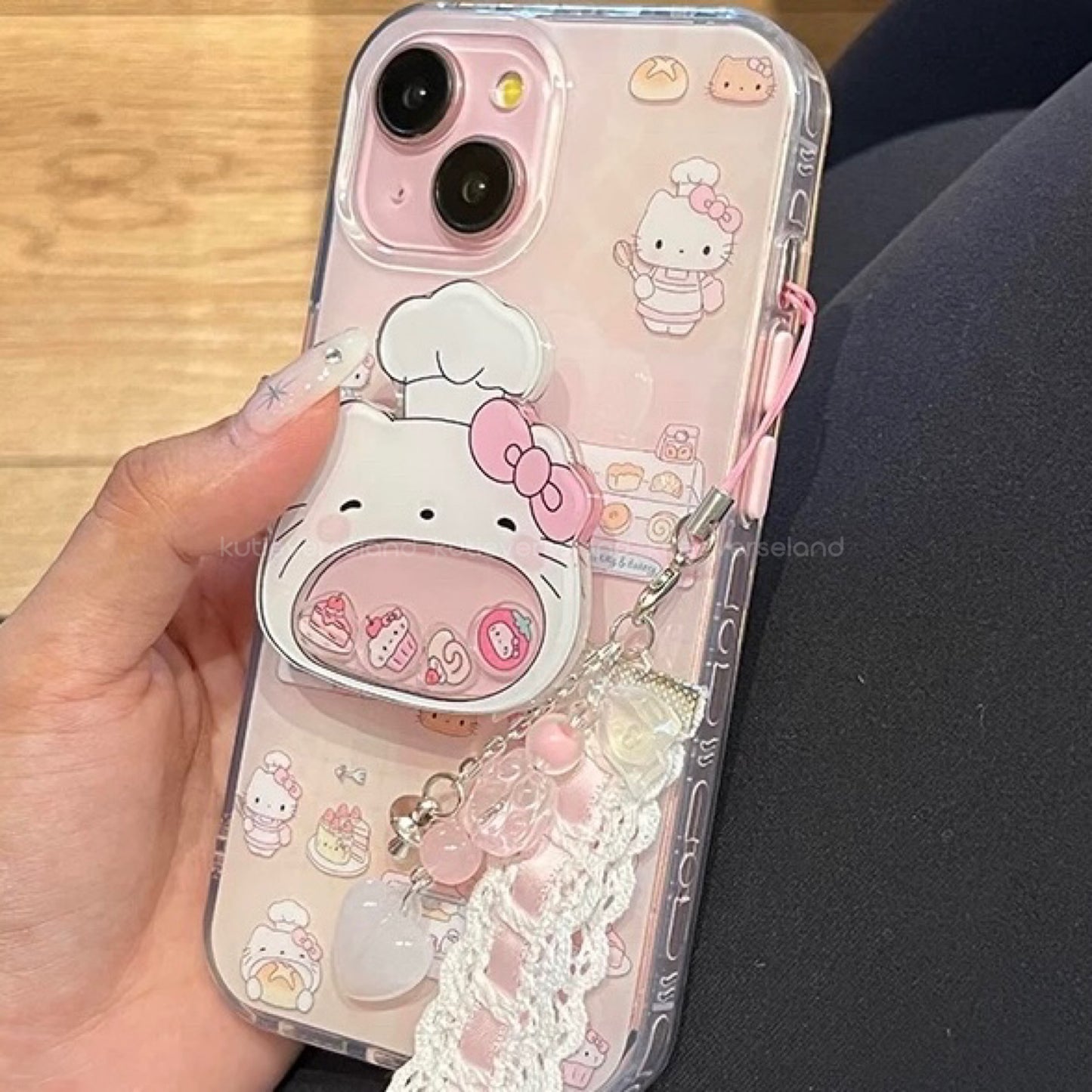 Cute Cartoon Desserts Food Lover Cat KTY iPhone Case with Moving KTY Chef Icons Stand Holder and Lace Phone Charm