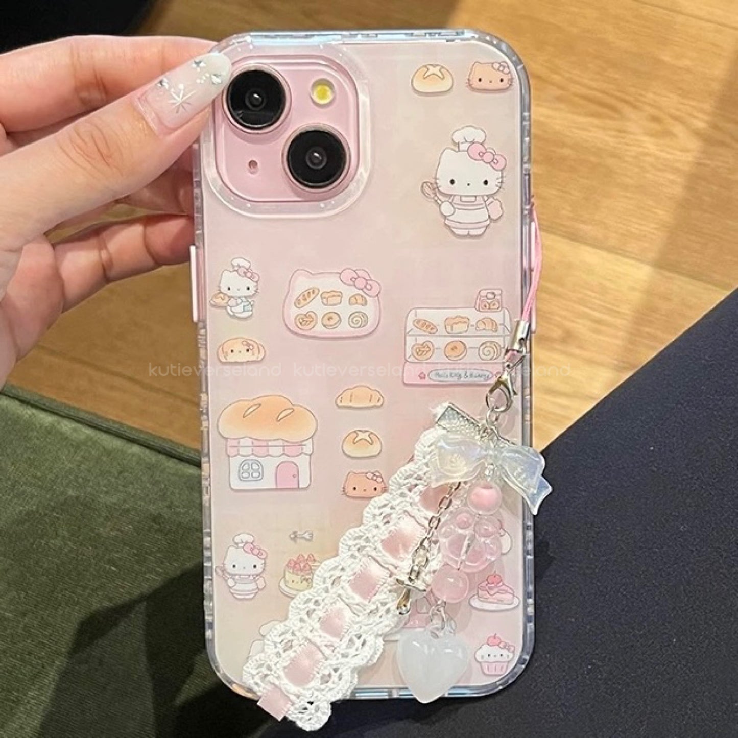 Cute Cartoon Desserts Food Lover Cat KTY iPhone Case with Moving KTY Chef Icons Stand Holder and Lace Phone Charm