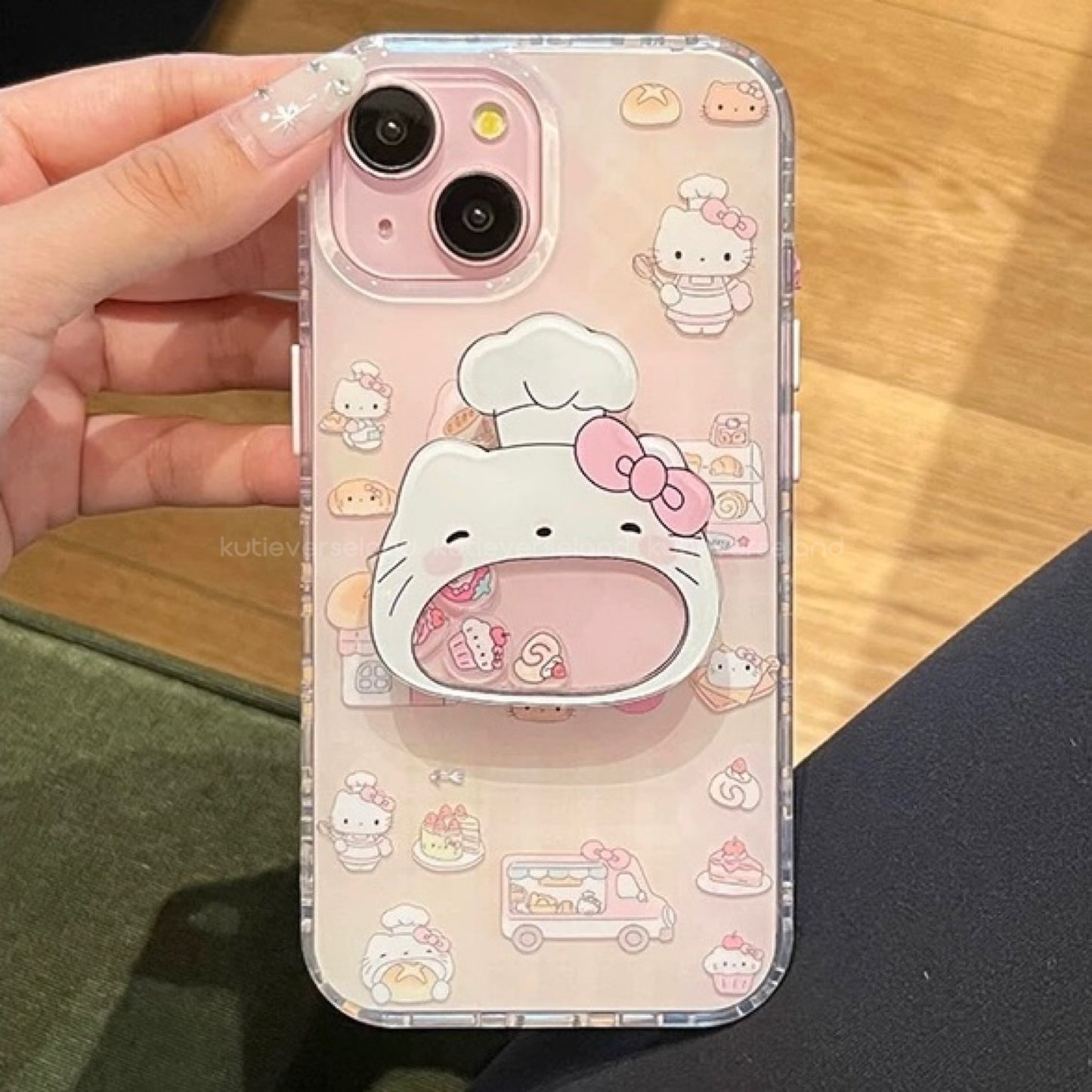 Cute Cartoon Desserts Food Lover Cat KTY iPhone Case with Moving KTY Chef Icons Stand Holder and Lace Phone Charm