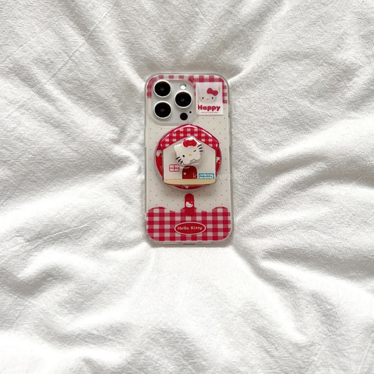 Cute Cartoon Polka Dots Checkered Cat KTY MagSafe iPhone Case with Spinning KTY House MagSafe Stand Holder