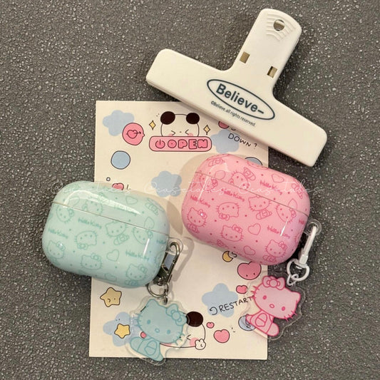 Cute Cartoon Pink Mint Green Cat KTY Polka Dots AirPods Case With Pendant Charm