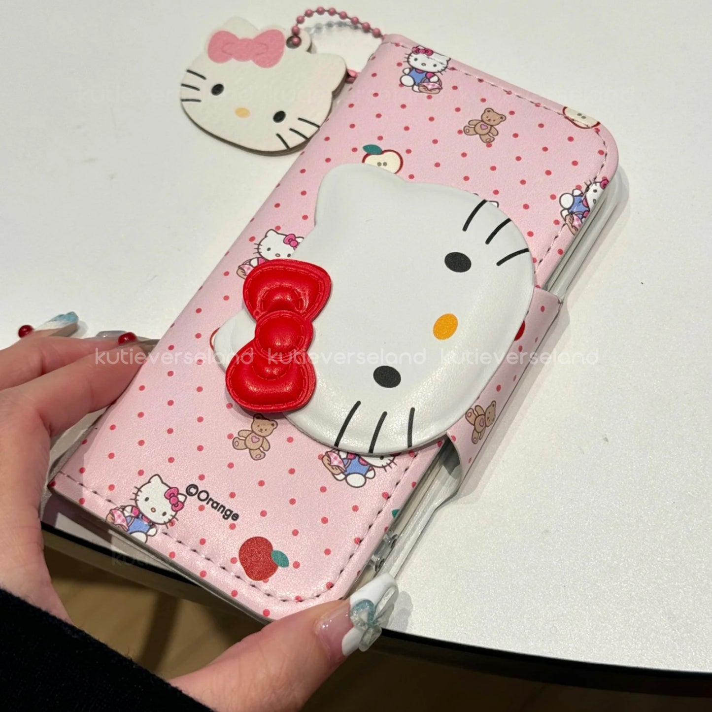 Cute Cartoon Cat KTY Teddy Bear Apple Polka Dots Cardholder Nostalgia Flip iPhone Case with Pendant Charm