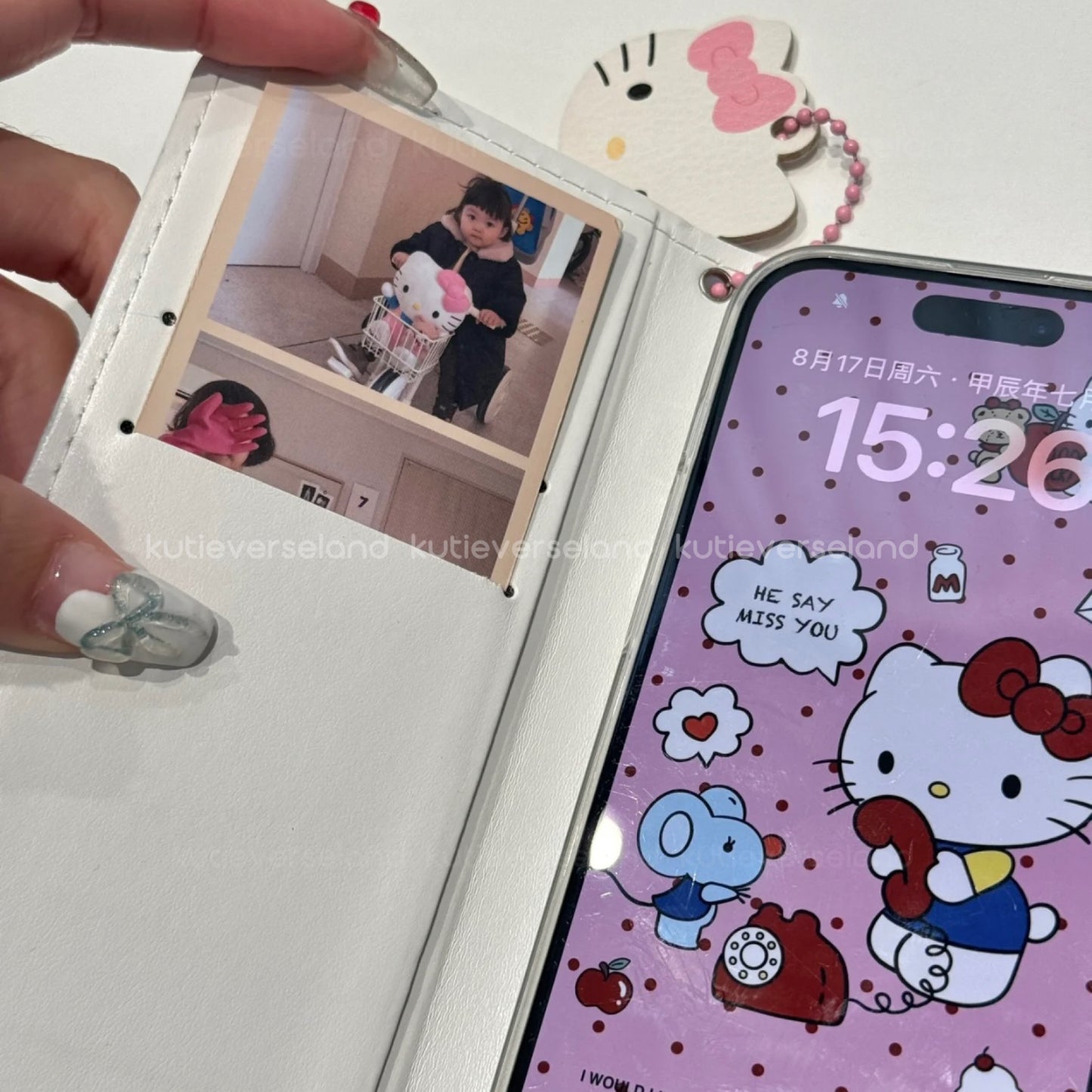 Cute Cartoon Cat KTY Teddy Bear Apple Polka Dots Cardholder Nostalgia Flip iPhone Case with Pendant Charm