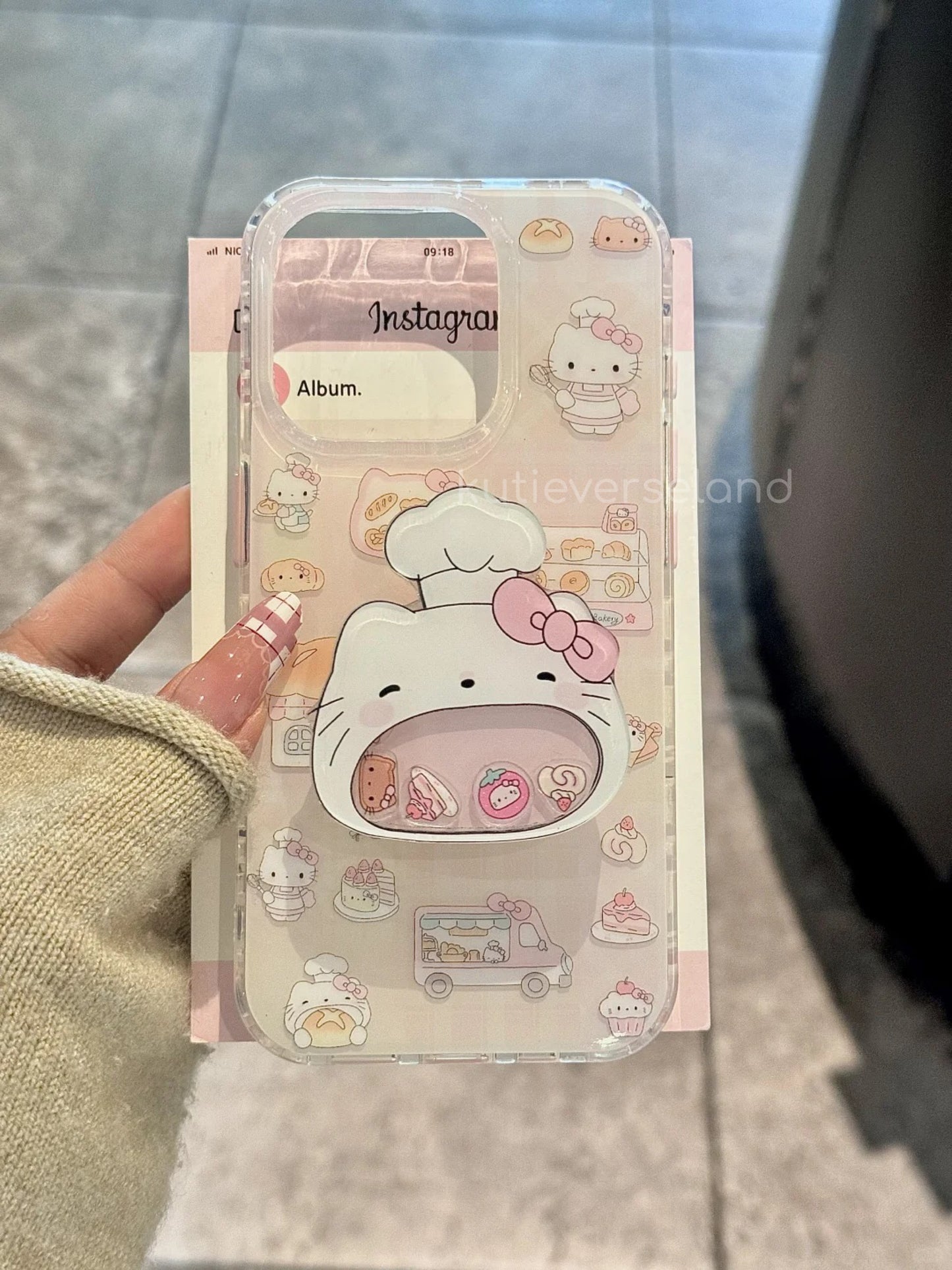 Cute Cartoon Desserts Food Lover Cat KTY iPhone Case with Moving KTY Chef Icons Stand Holder and Lace Phone Charm