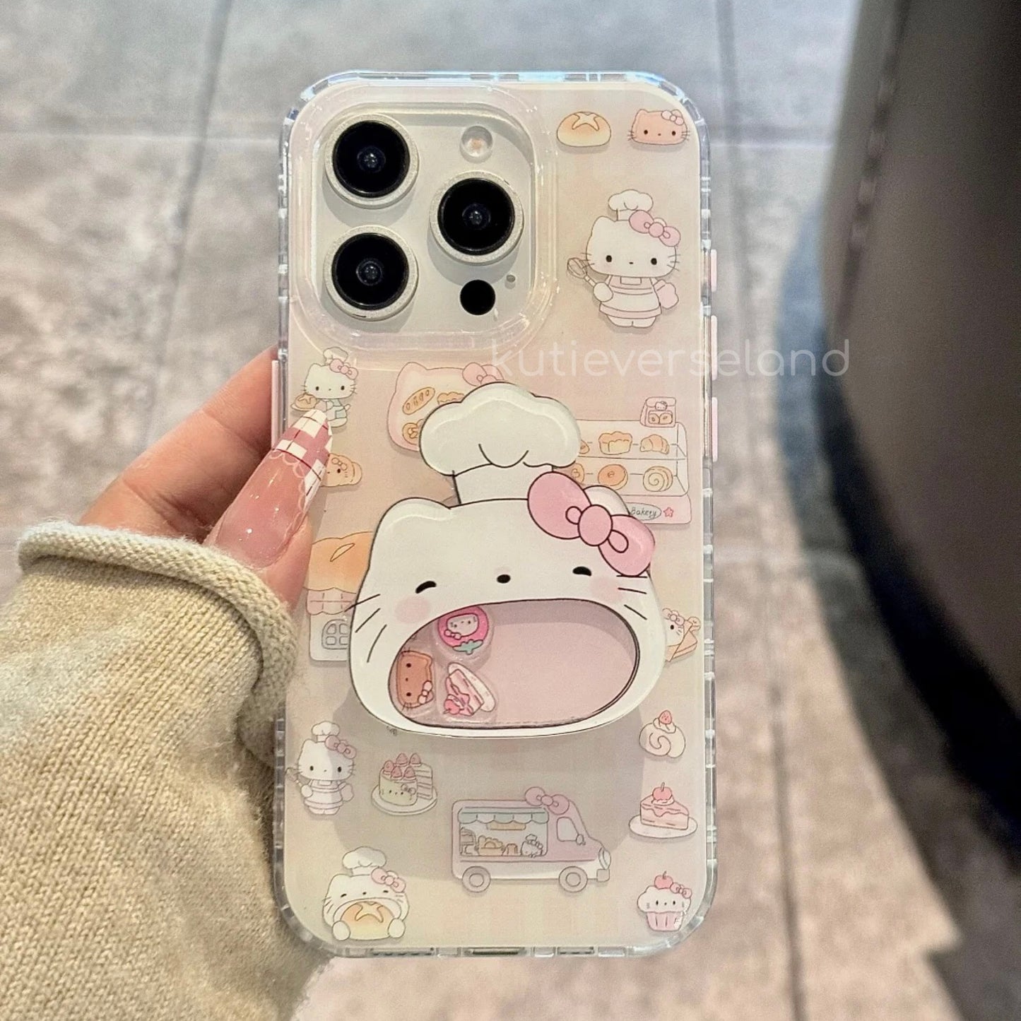 Cute Cartoon Desserts Food Lover Cat KTY iPhone Case with Moving KTY Chef Icons Stand Holder and Lace Phone Charm