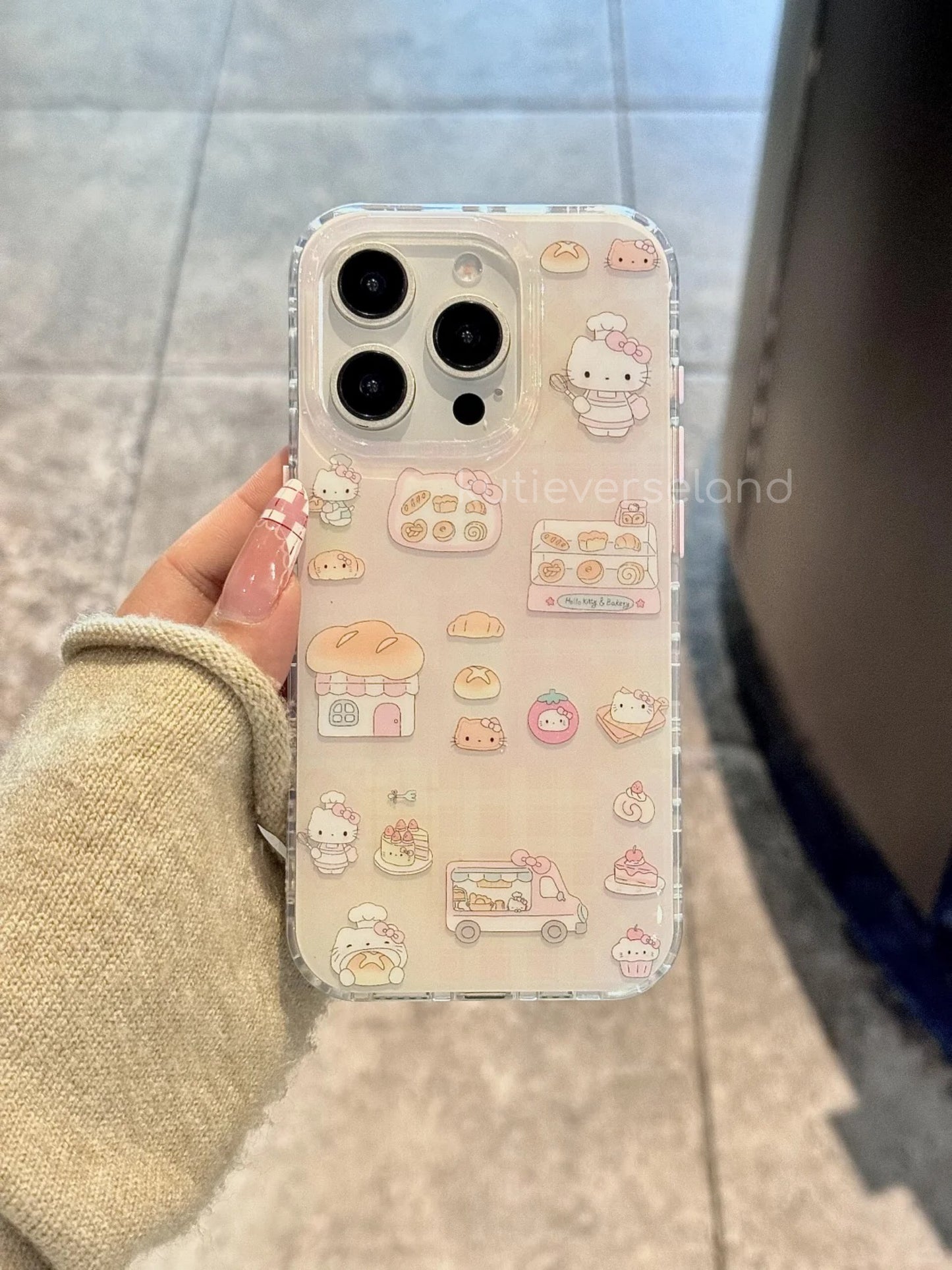 Cute Cartoon Desserts Food Lover Cat KTY iPhone Case with Moving KTY Chef Icons Stand Holder and Lace Phone Charm