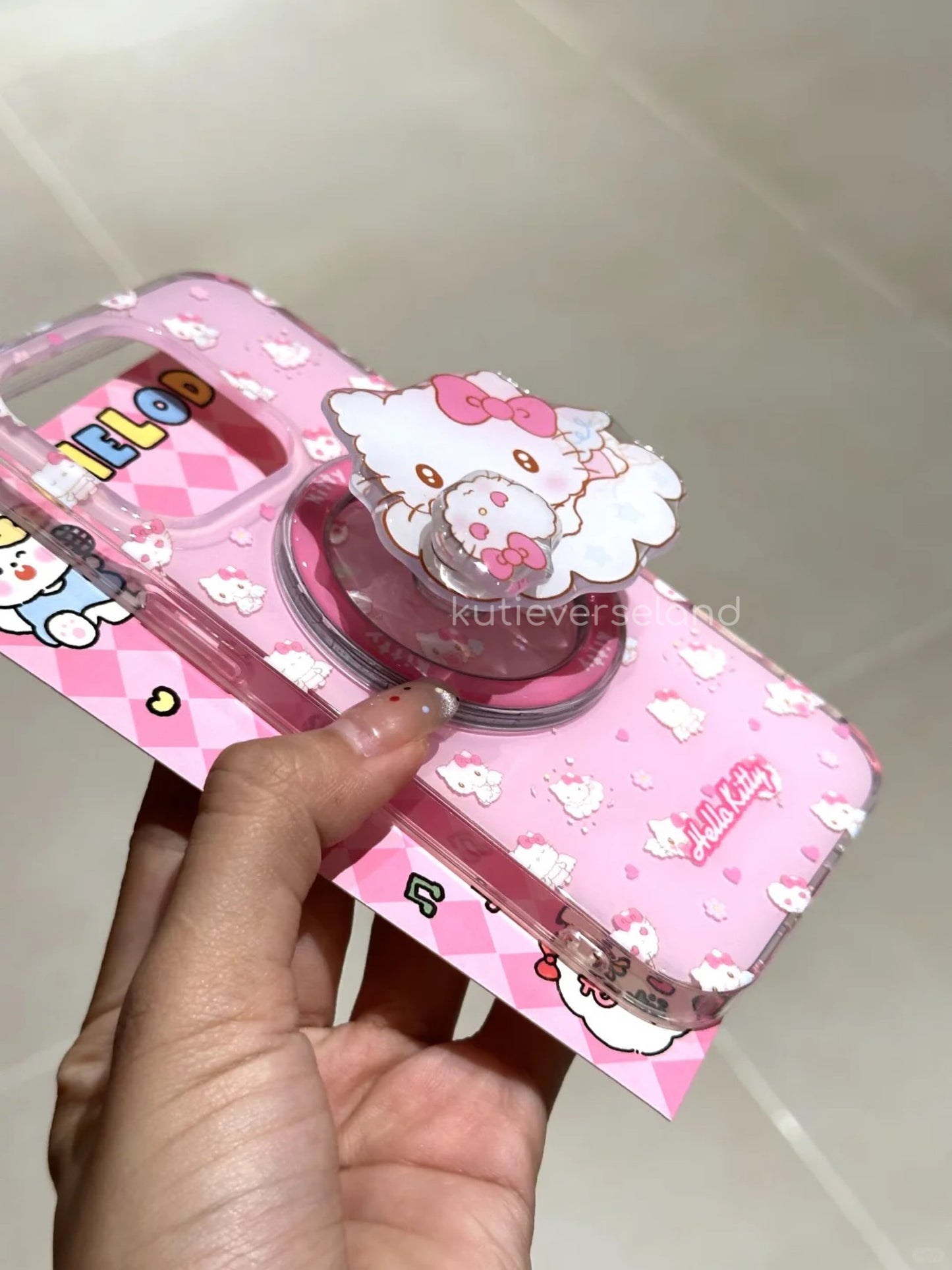 Cute Cartoon Angel Cat KTY Hearts Floral MagSafe iPhone Case with Spinning KTY MagSafe Stand Holder