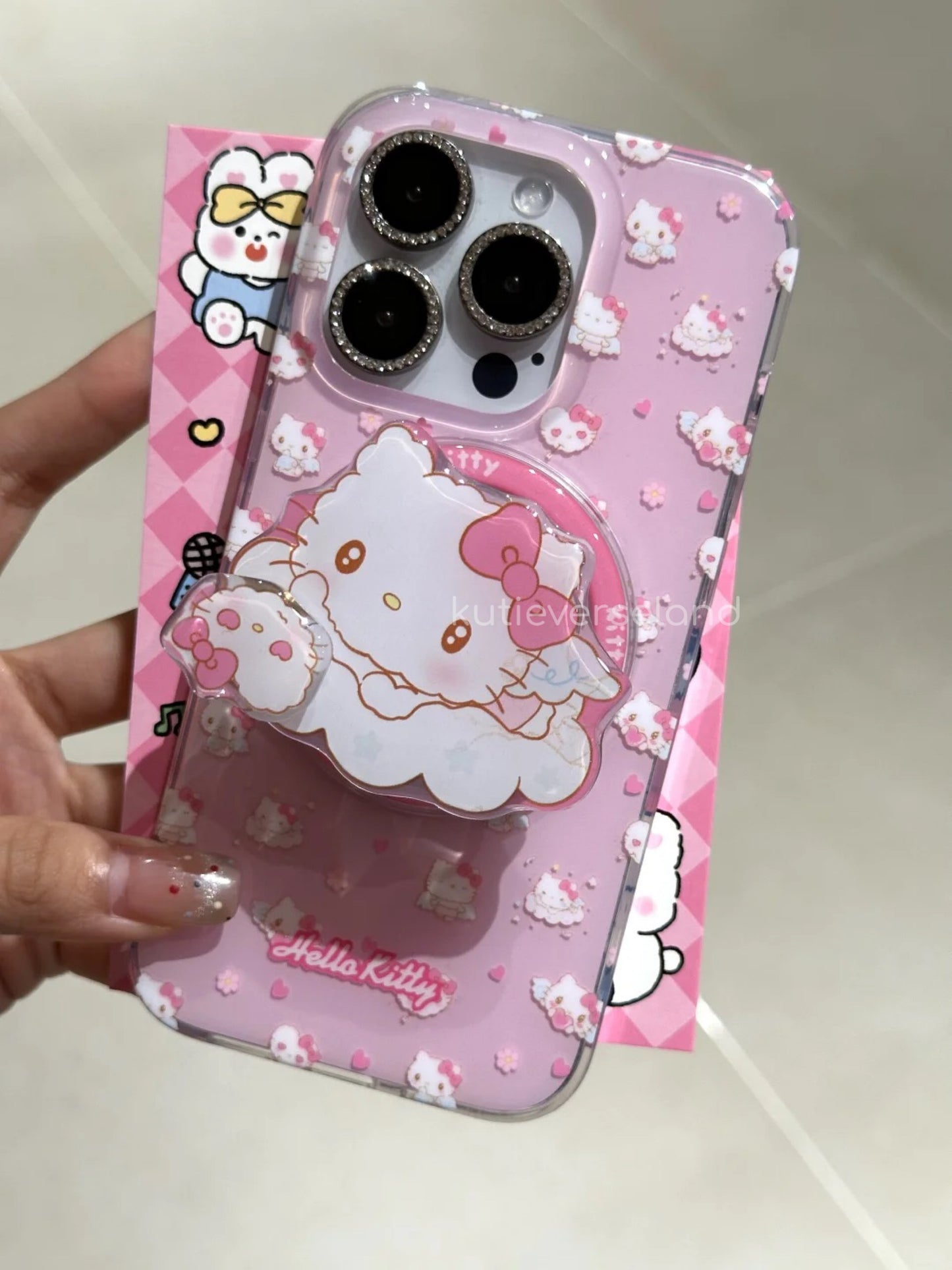 Cute Cartoon Angel Cat KTY Hearts Floral MagSafe iPhone Case with Spinning KTY MagSafe Stand Holder