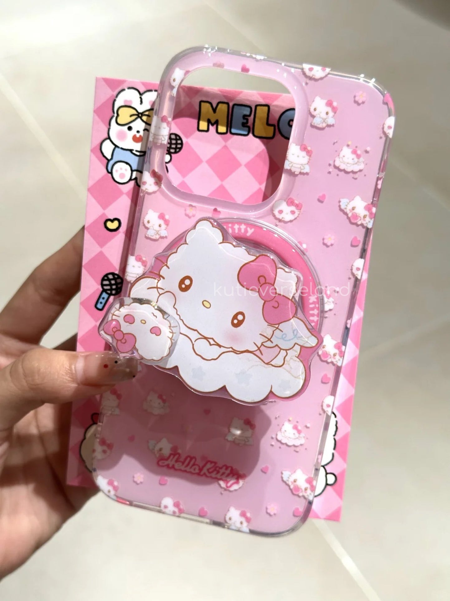 Cute Cartoon Angel Cat KTY Hearts Floral MagSafe iPhone Case with Spinning KTY MagSafe Stand Holder