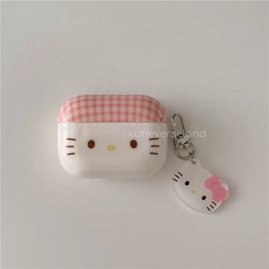 Cute Cartoon Pink Checkered Cat KTY AirPods Case With Pendant Charm