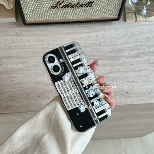 Coque iPhone en argent brossé avec motif de chat musical KTY et piano