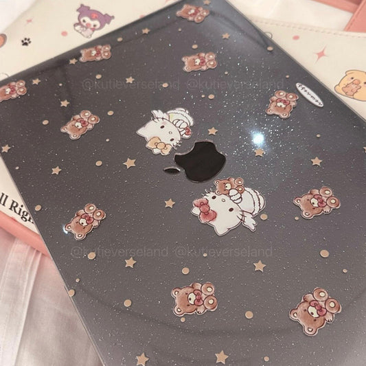 Coque transparente pour MacBook avec motif de chat mignon et étoiles KTY, ours en peluche, paillettes