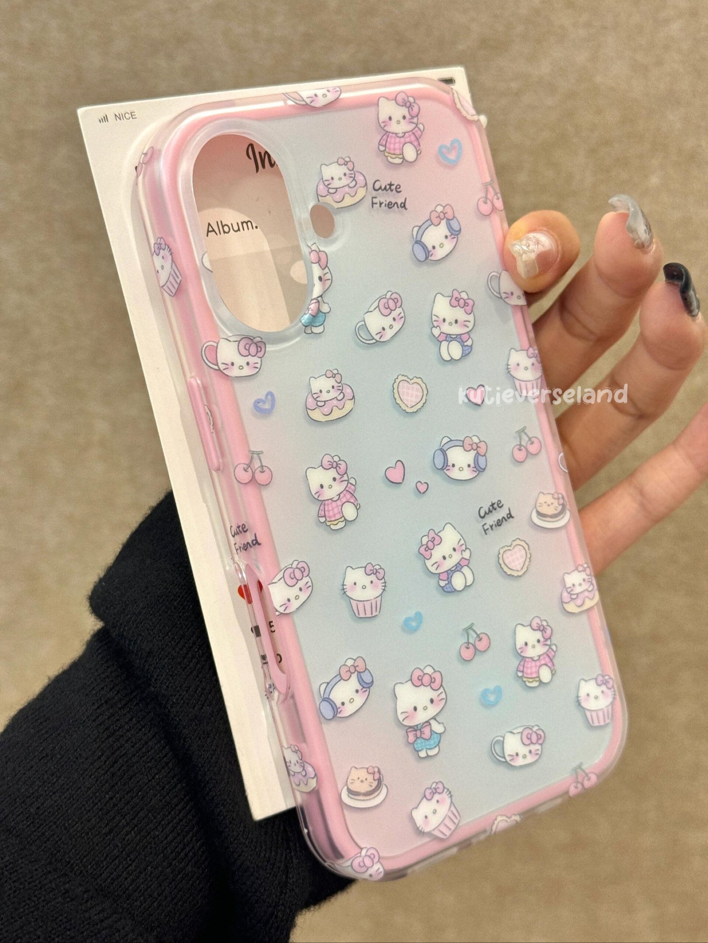 Cute Cartoon Ombré Blue Pink Cat KTY Cherry Hearts Hybrid iPhone Case