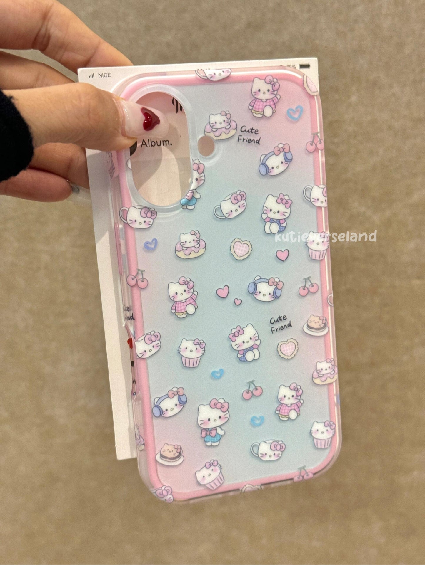 Cute Cartoon Ombré Blue Pink Cat KTY Cherry Hearts Hybrid iPhone Case