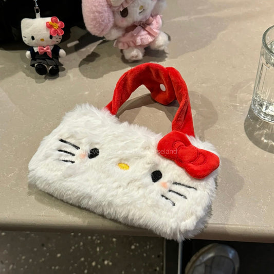 [Seasonal Favorites] Cute Cartoon Cat KTY Red Bow Ribbons White Flip Cover Button-Up Ears Hand-carry Strap Fluffy iPhone Case