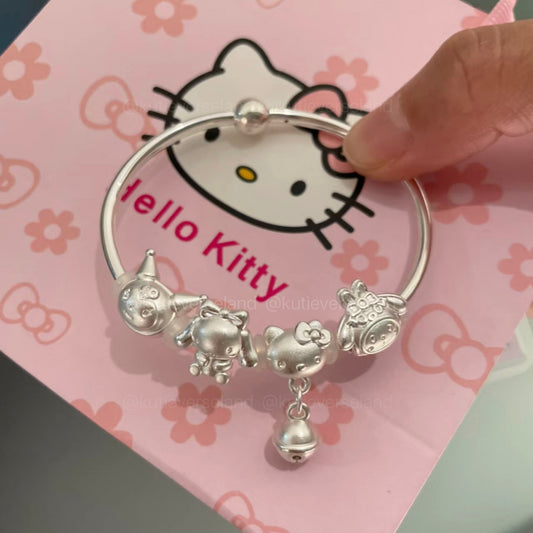 Cute Cartoon Dreamy Cat KTY Rabbit Puppy KURO CINNA MELO Bell Handmade Silver Bangle Bracelet with Gift Box