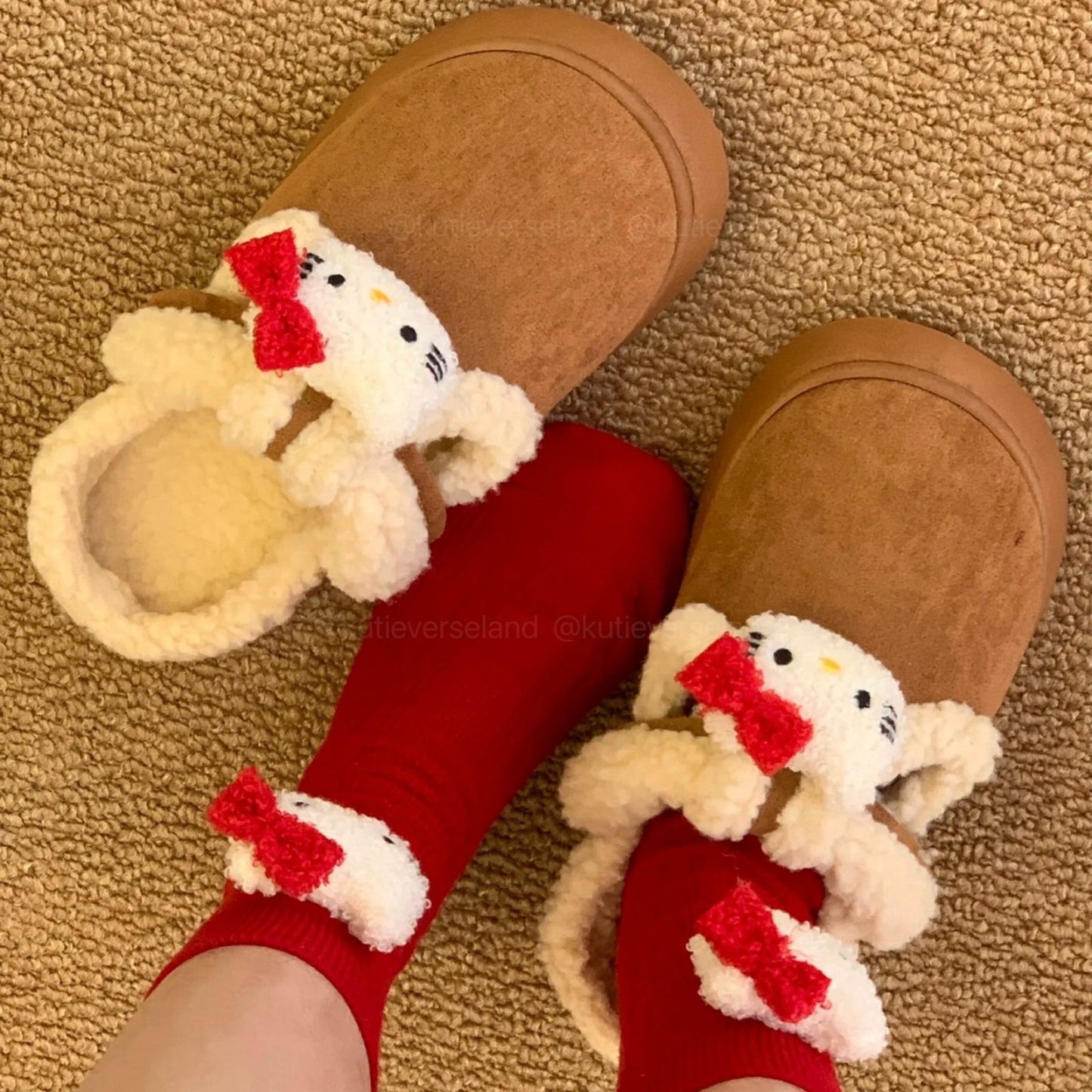 [Seasonal Favorites] Cute Cartoon Cat KTY Fluffy Cozy Comfort Platform Mule Slippers Thick-Soled Outdoor Cotton Loafers