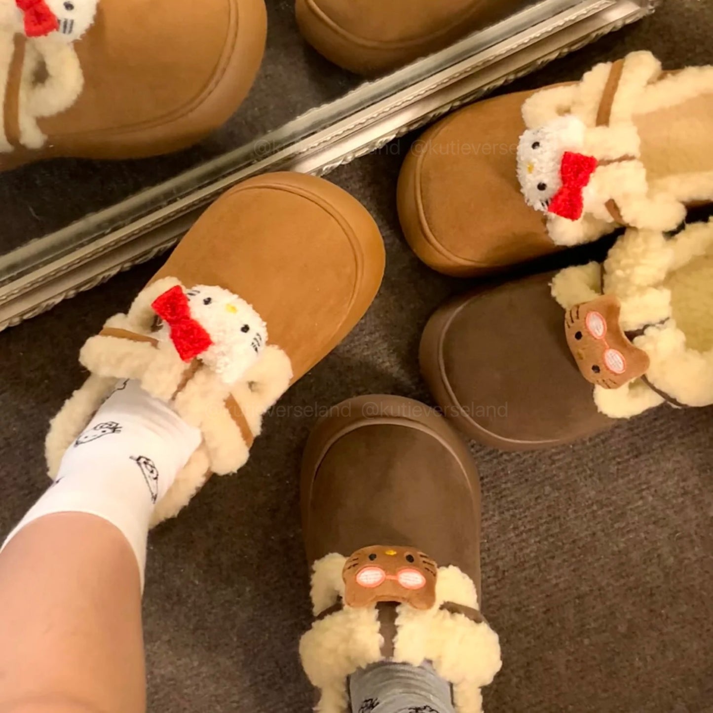 [Seasonal Favorites] Cute Cartoon Cat KTY Fluffy Cozy Comfort Platform Mule Slippers Thick-Soled Outdoor Cotton Loafers