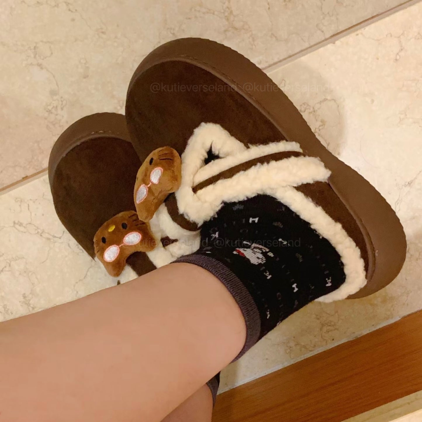 [Seasonal Favorites] Cute Cartoon Cat KTY Fluffy Cozy Comfort Platform Mule Slippers Thick-Soled Outdoor Cotton Loafers