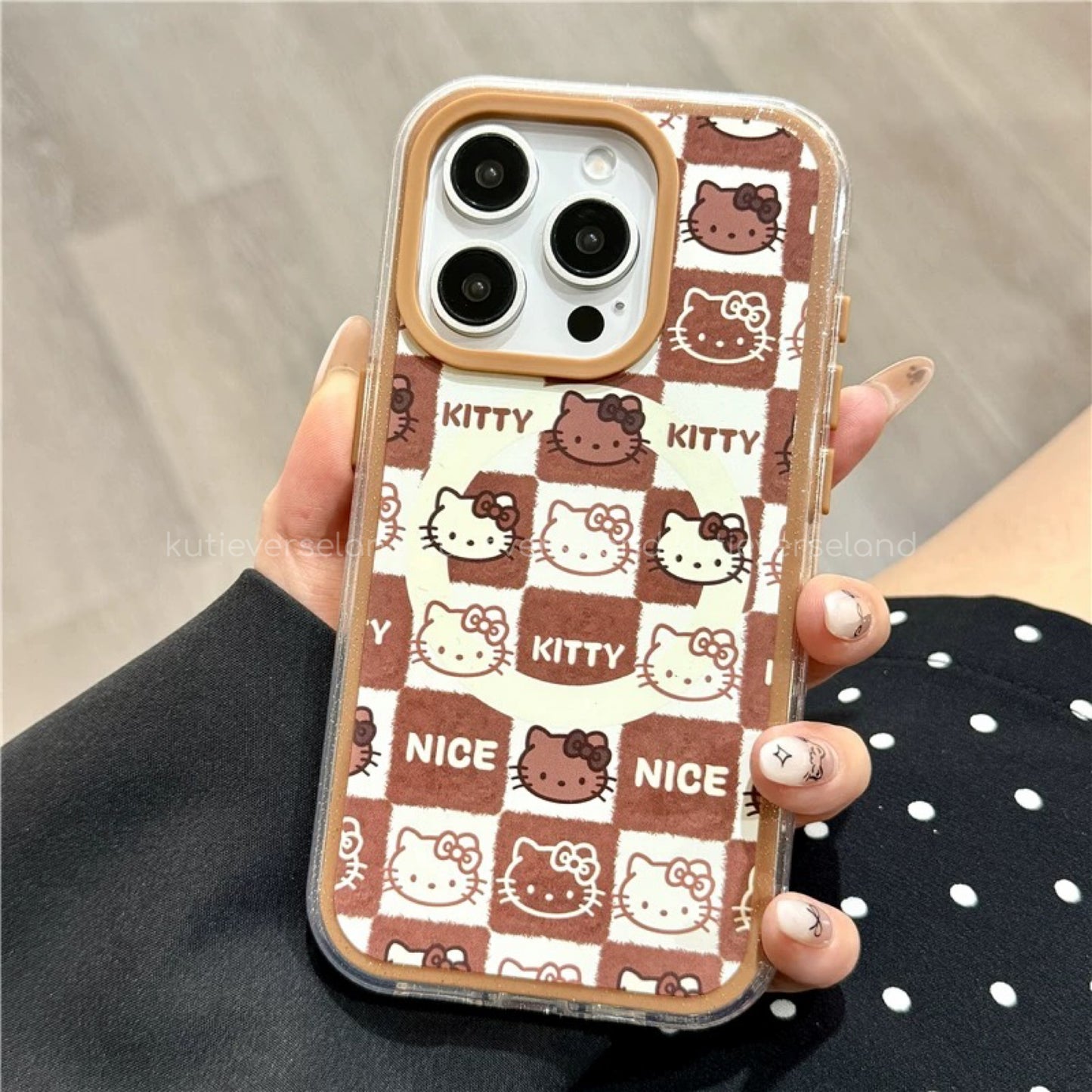 Cute Cartoon Cat KTY Brown Gingham Checks MagSafe iPhone Case with Moving Icons MagSafe Stand Holder