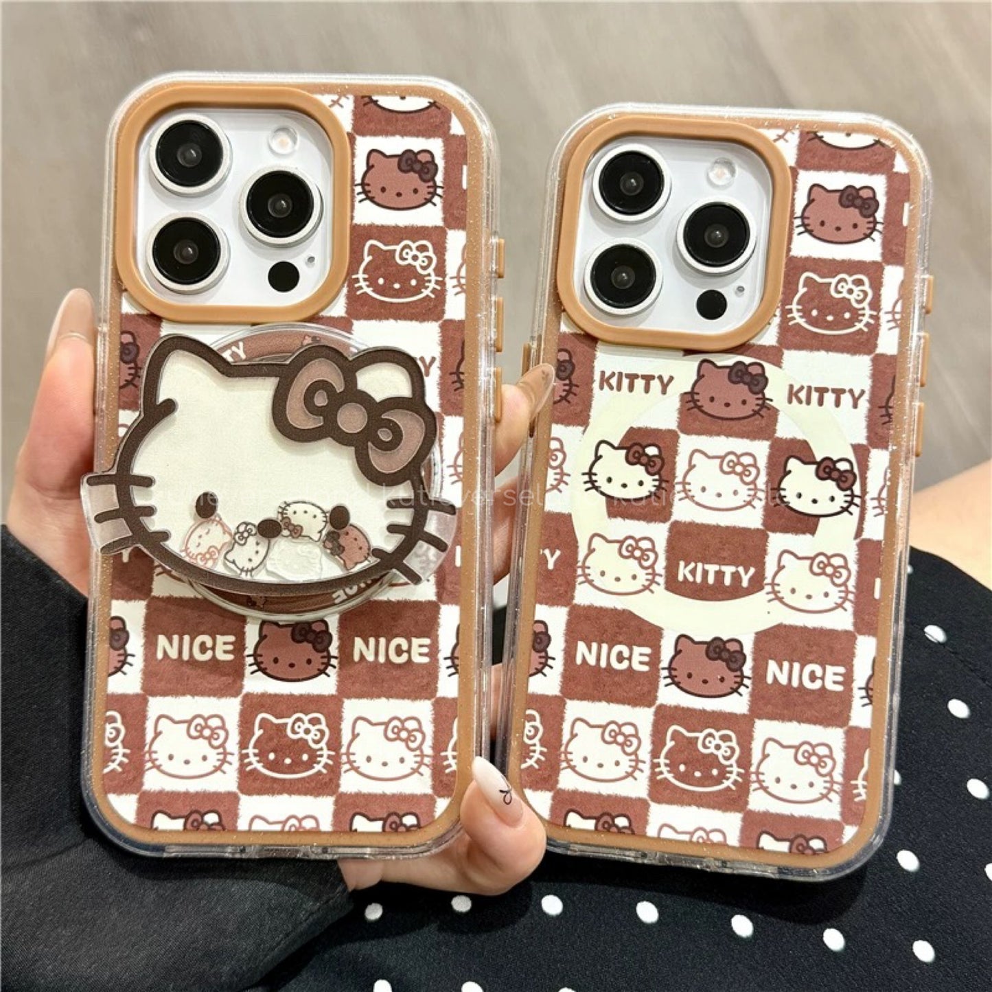 Cute Cartoon Cat KTY Brown Gingham Checks MagSafe iPhone Case with Moving Icons MagSafe Stand Holder