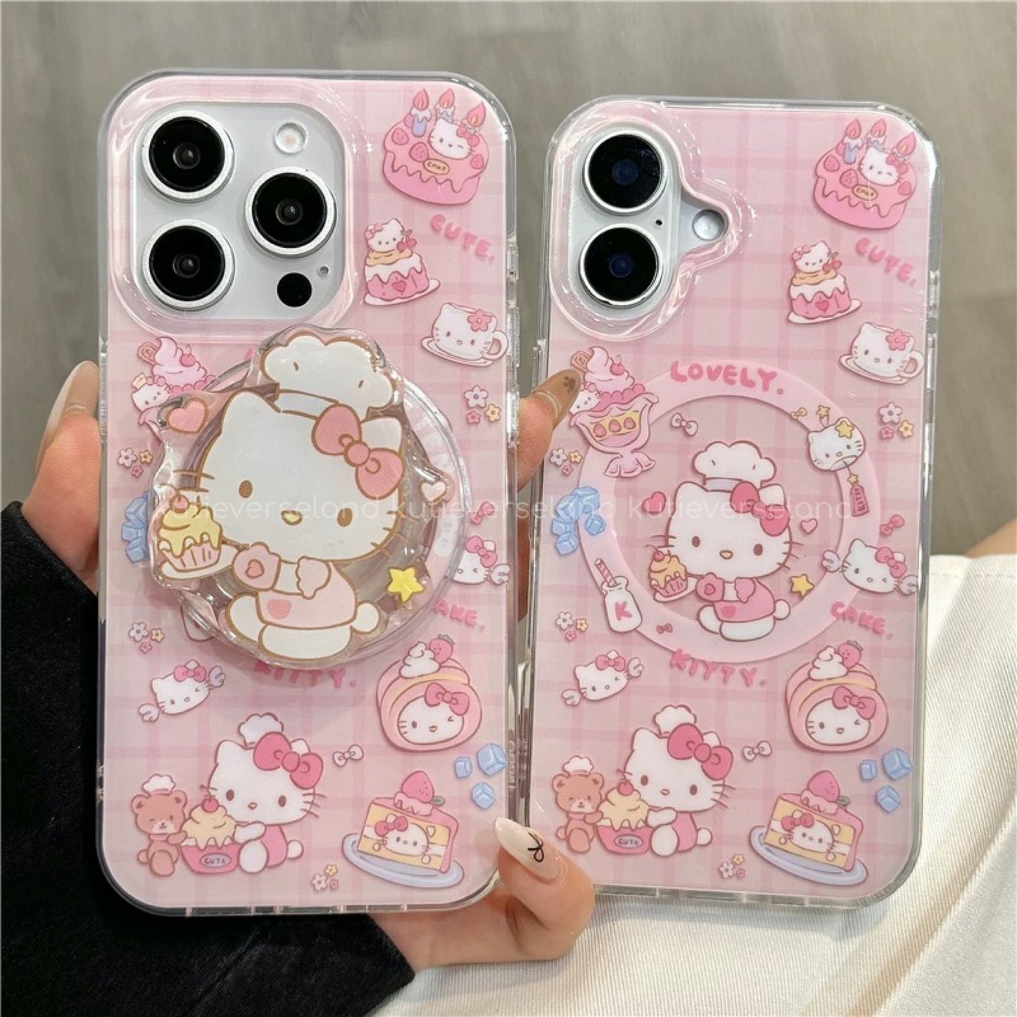 Coquette Cute Cartoon Cat KTY Chef Desserts Food Lover Cakes Checkered MagSafe iPhone Case with MagSafe Stand Holder