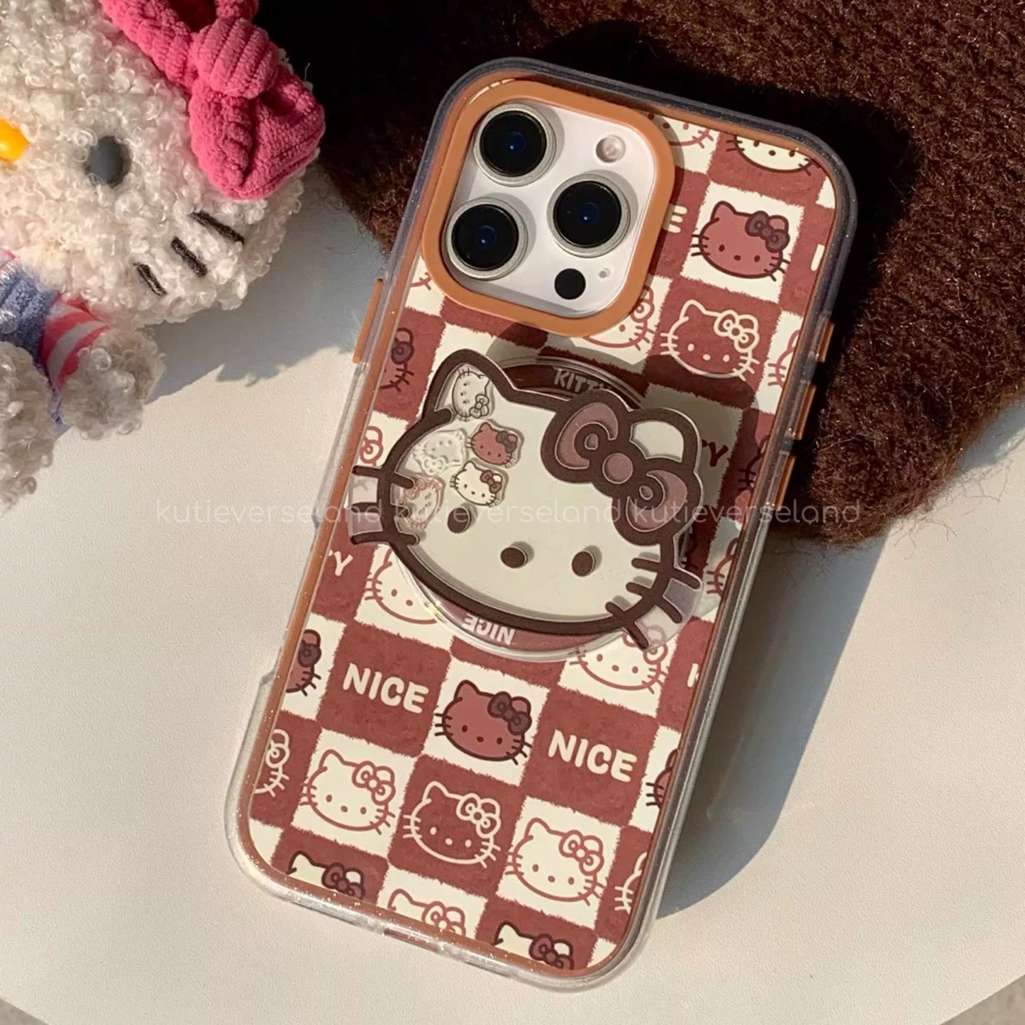 Cute Cartoon Cat KTY Brown Gingham Checks MagSafe iPhone Case with Moving Icons MagSafe Stand Holder