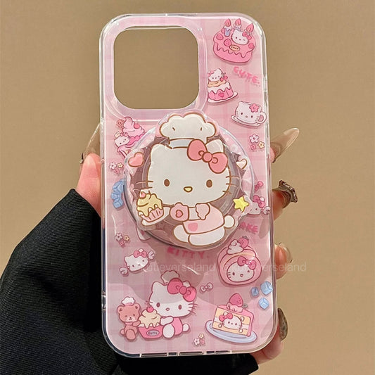 Coquette Cute Cartoon Cat KTY Chef Desserts Food Lover Cakes Checkered MagSafe iPhone Case with MagSafe Stand Holder