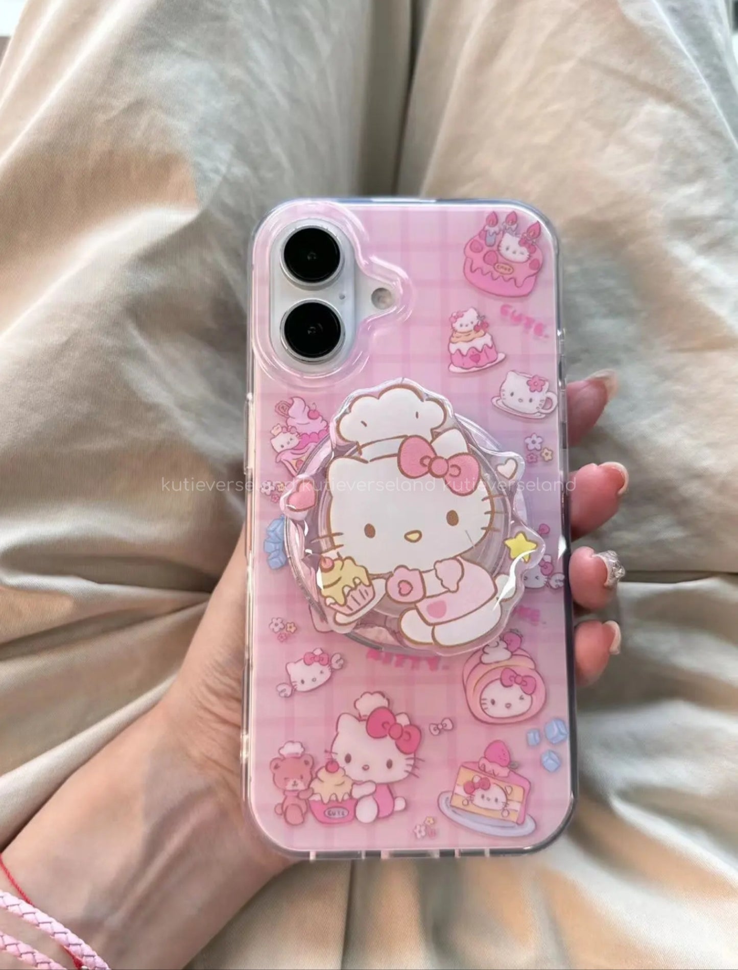 Coquette Cute Cartoon Cat KTY Chef Desserts Food Lover Cakes Checkered MagSafe iPhone Case with MagSafe Stand Holder