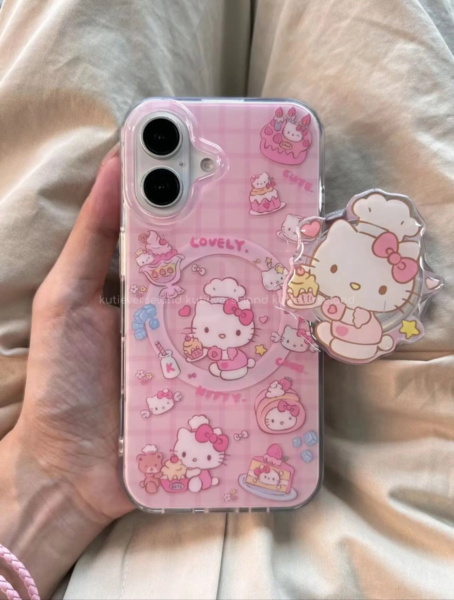 Coquette Cute Cartoon Cat KTY Chef Desserts Food Lover Cakes Checkered MagSafe iPhone Case with MagSafe Stand Holder