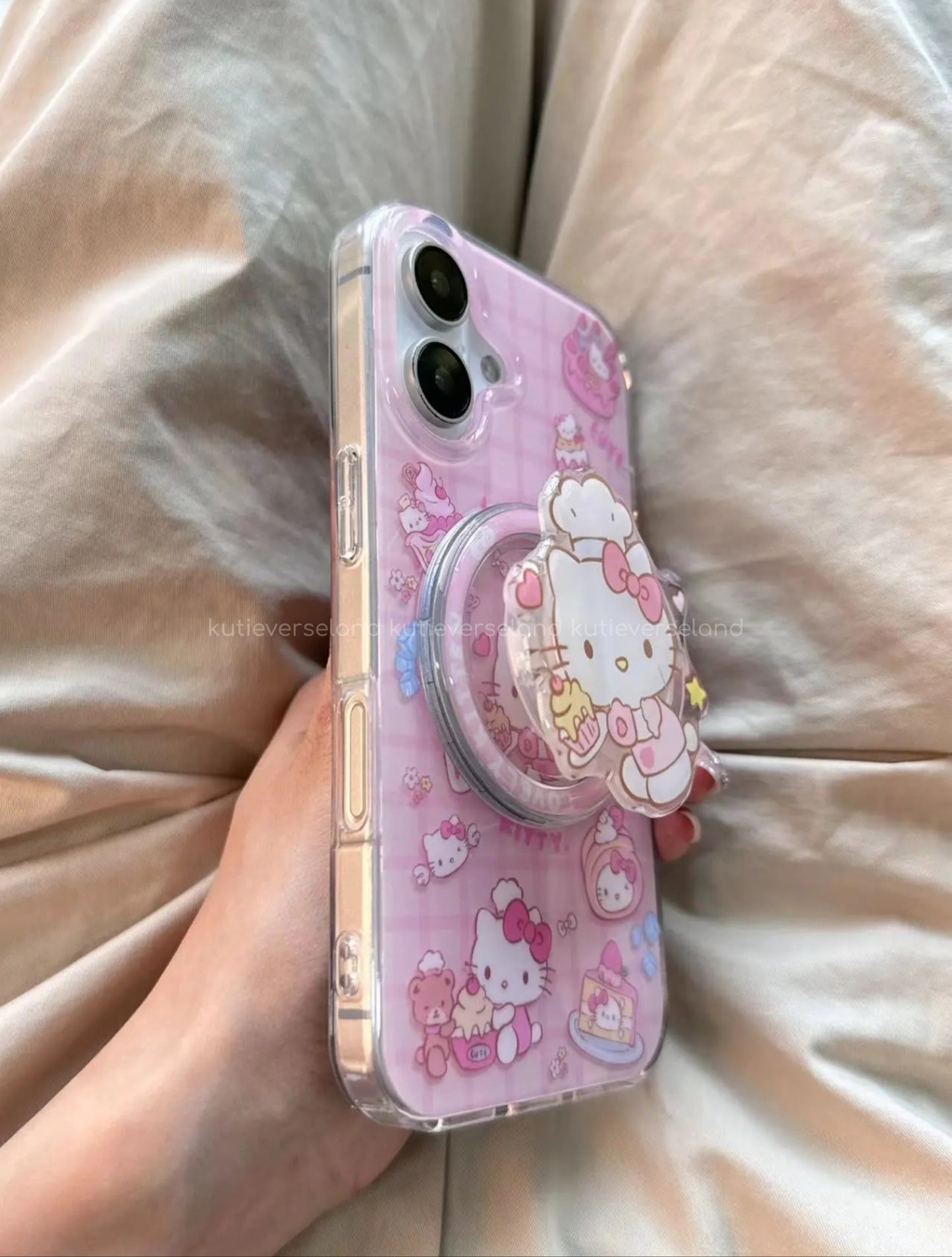 Coquette Cute Cartoon Cat KTY Chef Desserts Food Lover Cakes Checkered MagSafe iPhone Case with MagSafe Stand Holder