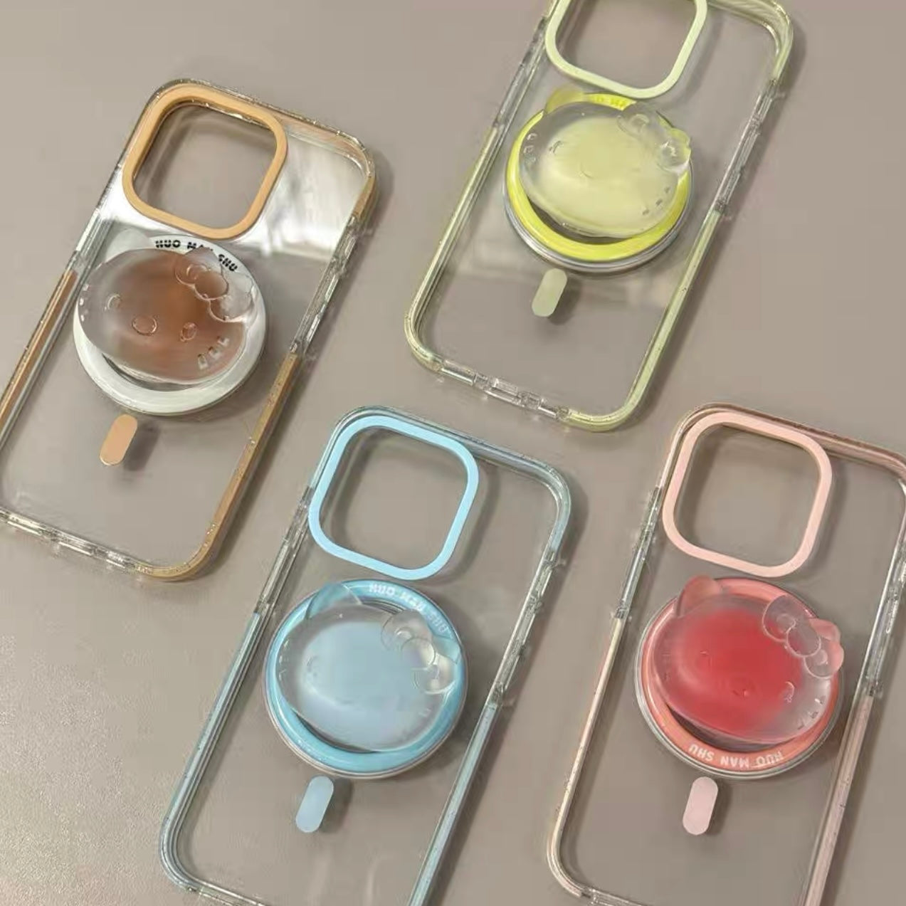 Cute Basic Candy Color Frame Clear MagSafe iPhone Case with Jelly-mimic Cartoon Cat KTY MagSafe Stand Holder