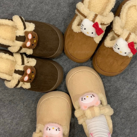 [Seasonal Favorites] Cute Cartoon Cat KTY Fluffy Cozy Comfort Platform Mule Slippers Thick-Soled Outdoor Cotton Loafers