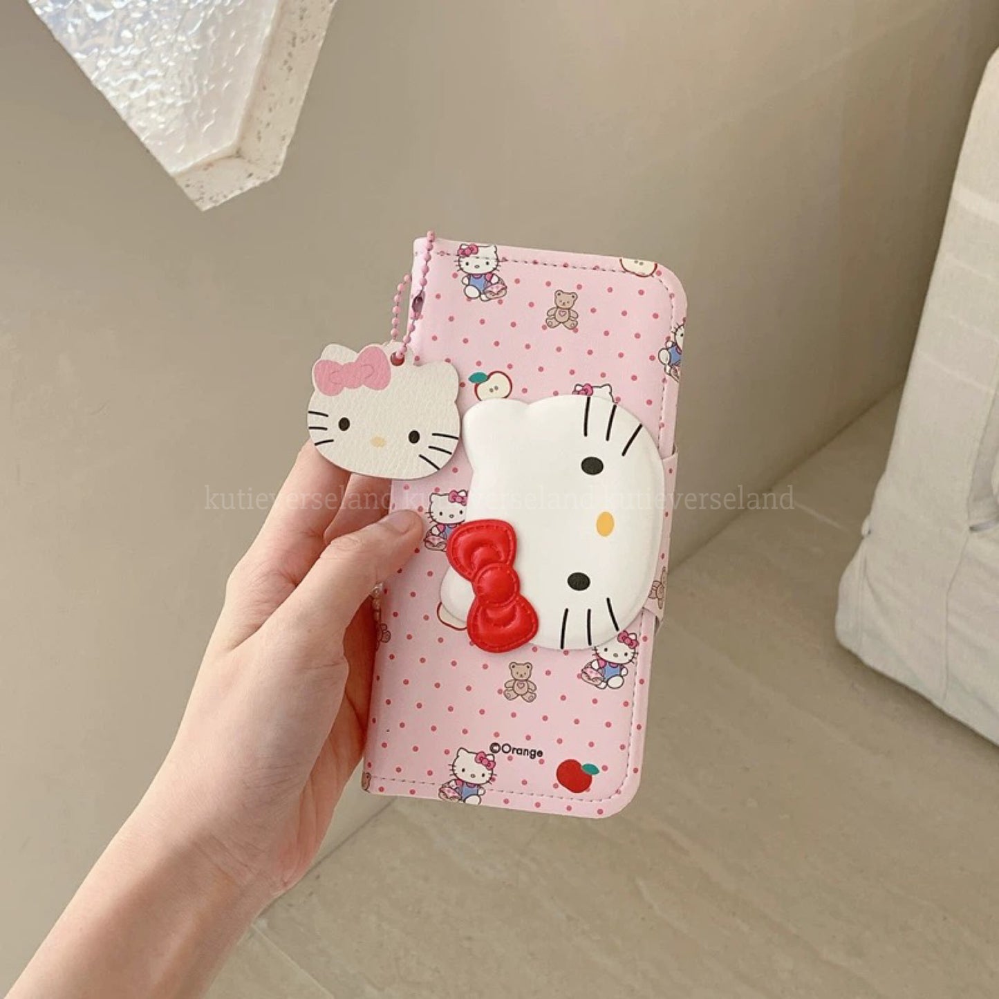 Cute Cartoon Cat KTY Teddy Bear Apple Polka Dots Cardholder Nostalgia Flip iPhone Case with Pendant Charm