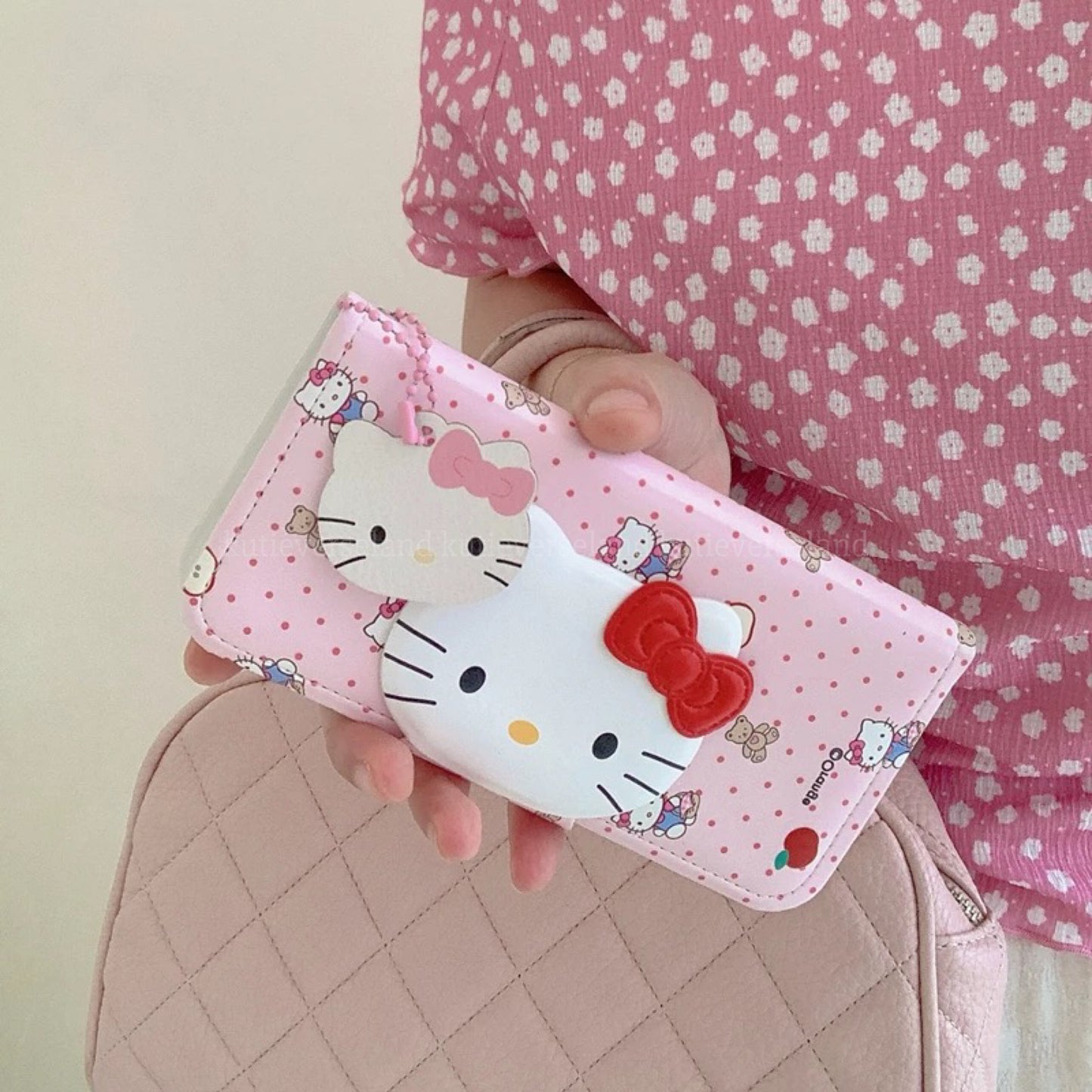 Cute Cartoon Cat KTY Teddy Bear Apple Polka Dots Cardholder Nostalgia Flip iPhone Case with Pendant Charm