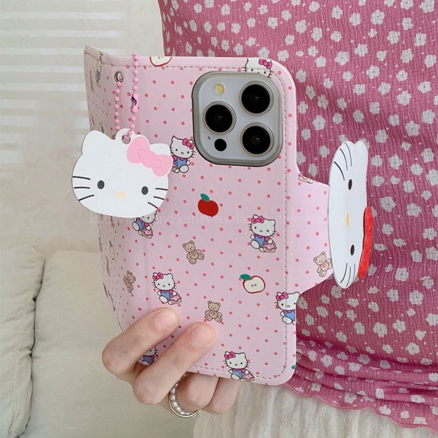 Cute Cartoon Cat KTY Teddy Bear Apple Polka Dots Cardholder Nostalgia Flip iPhone Case with Pendant Charm