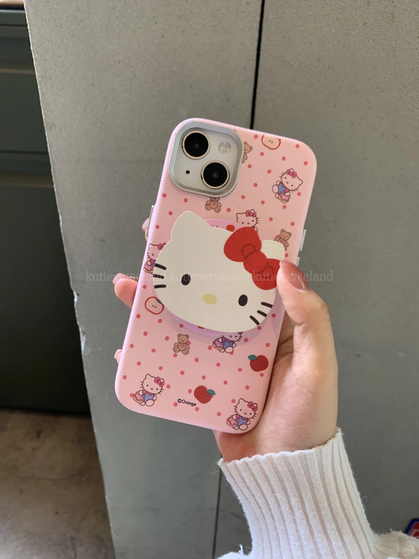 Cute Cartoon Cat KTY Teddy Bear Apple Polka Dots PU MagSafe iPhone Case with MagSafe Stand Holder