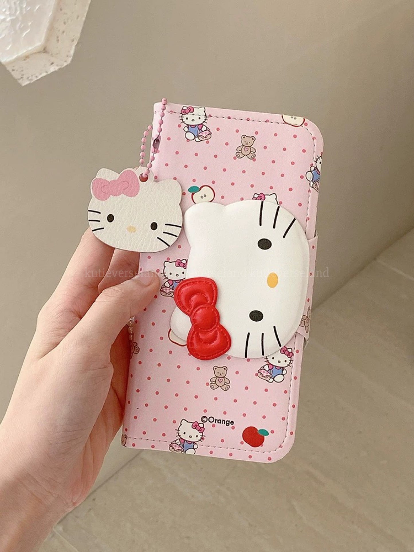 Cute Cartoon Cat KTY Teddy Bear Apple Polka Dots Cardholder Nostalgia Flip iPhone Case with Pendant Charm