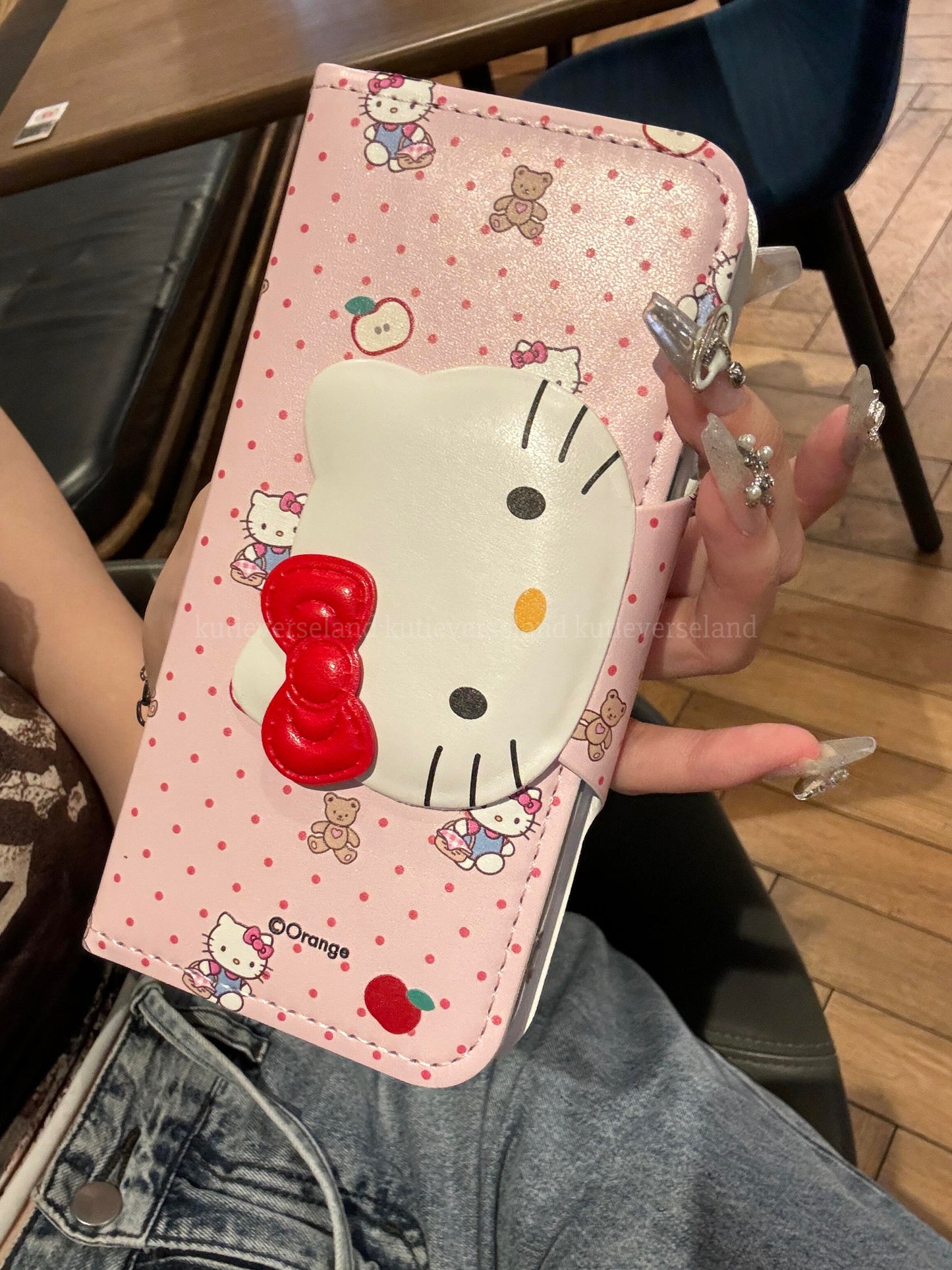 Cute Cartoon Cat KTY Teddy Bear Apple Polka Dots Cardholder Nostalgia Flip iPhone Case with Pendant Charm