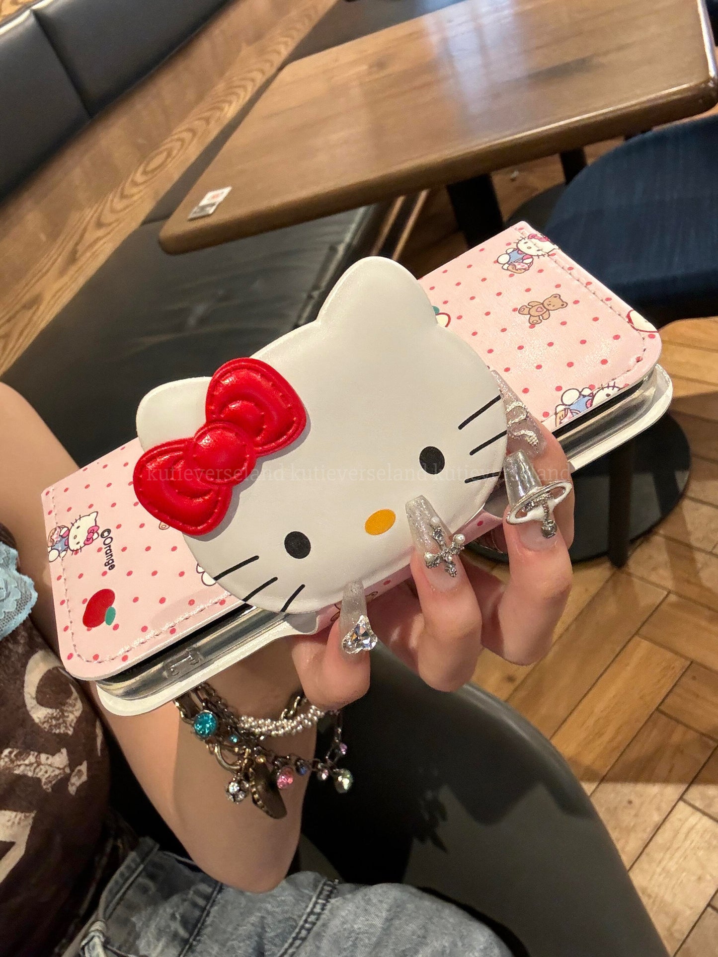 Cute Cartoon Cat KTY Teddy Bear Apple Polka Dots Cardholder Nostalgia Flip iPhone Case with Pendant Charm