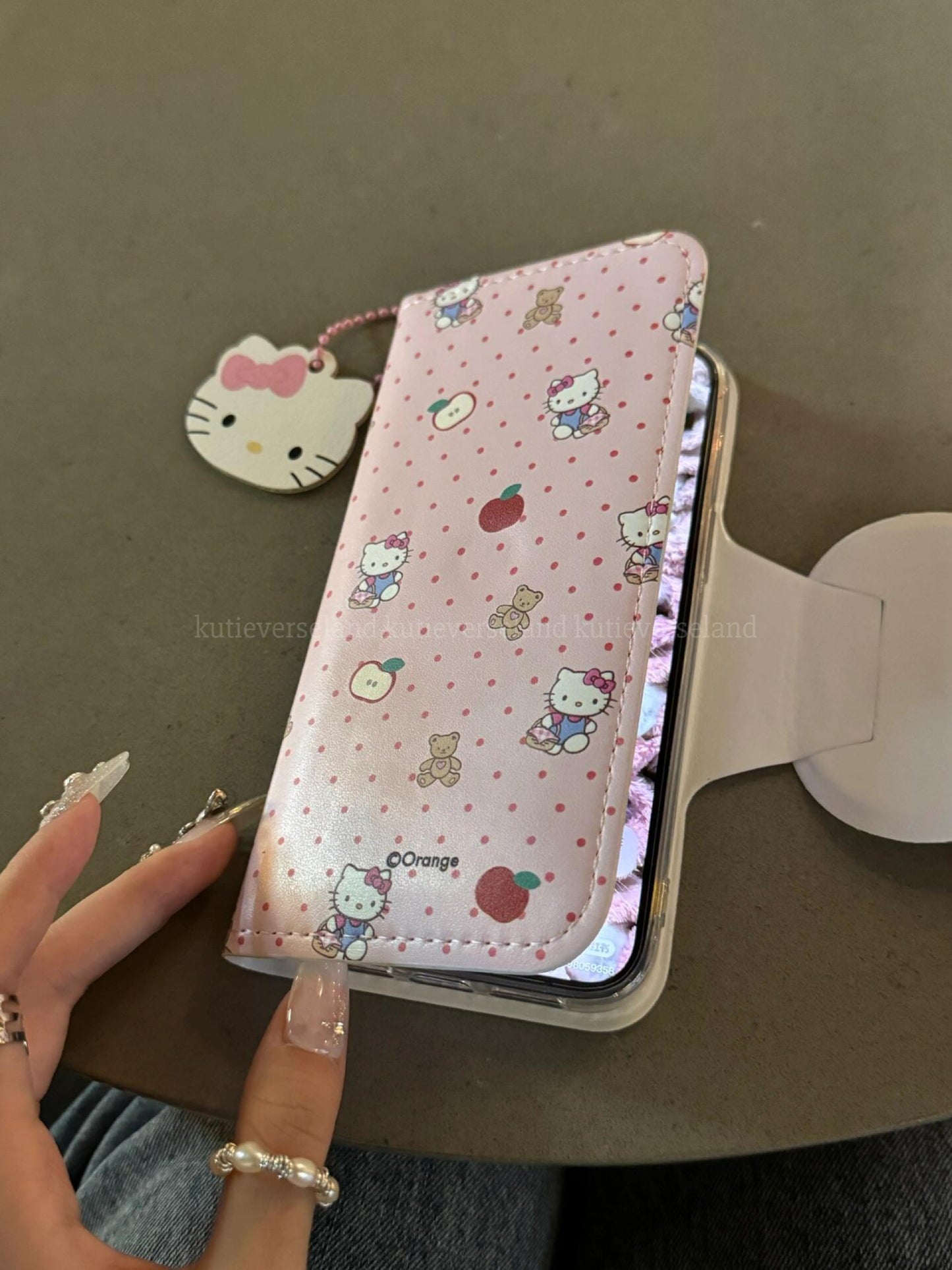 Cute Cartoon Cat KTY Teddy Bear Apple Polka Dots Cardholder Nostalgia Flip iPhone Case with Pendant Charm