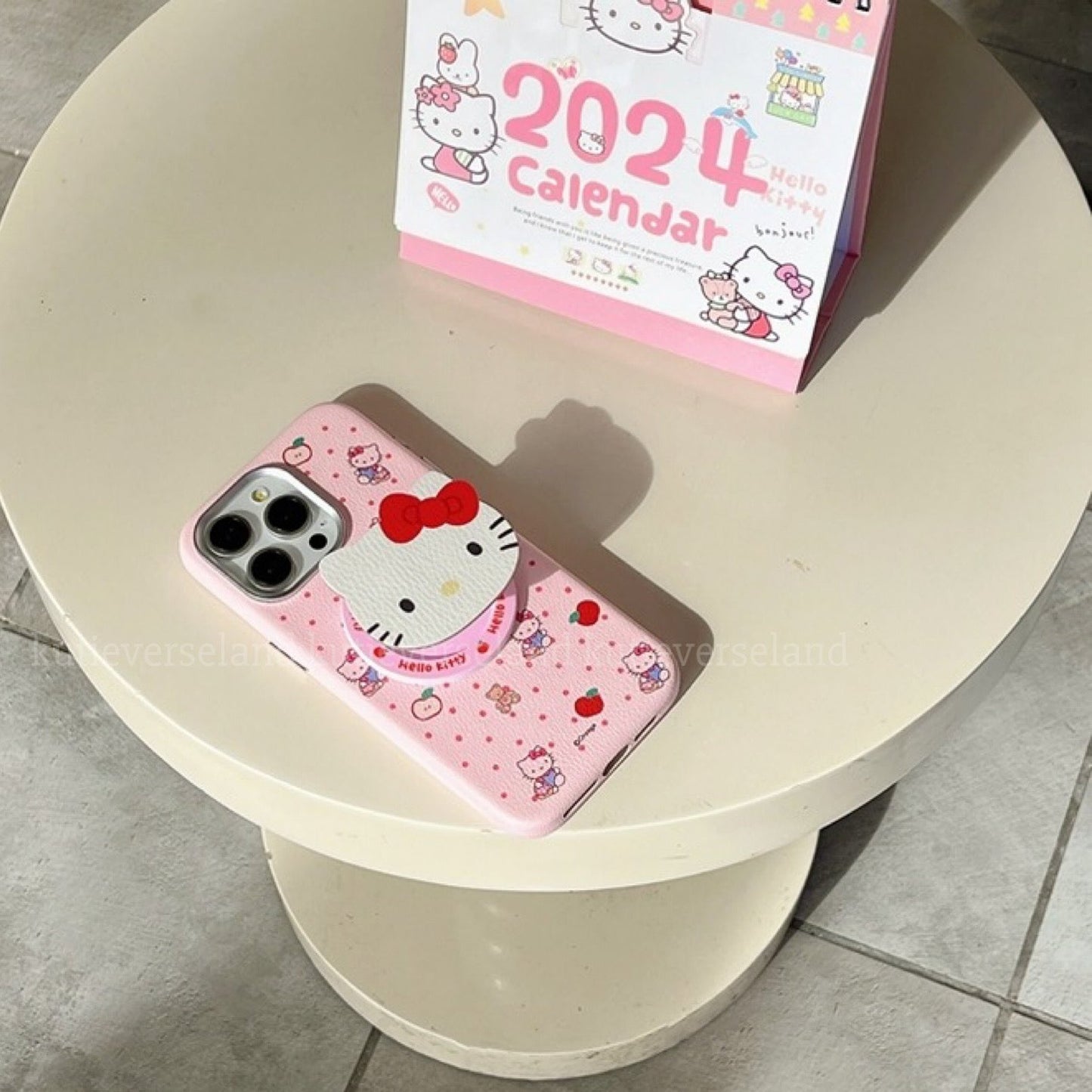 Cute Cartoon Cat KTY Teddy Bear Apple Polka Dots PU MagSafe iPhone Case with MagSafe Stand Holder