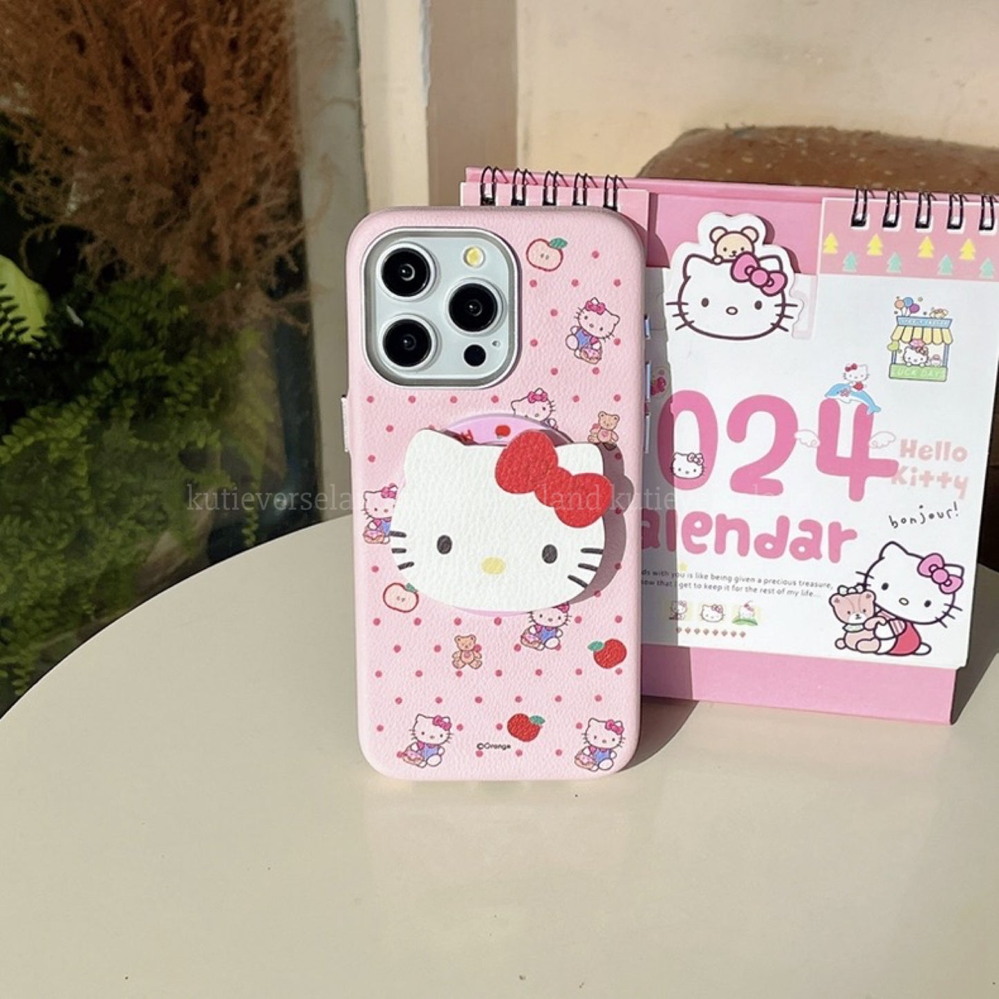 Cute Cartoon Cat KTY Teddy Bear Apple Polka Dots PU MagSafe iPhone Case with MagSafe Stand Holder